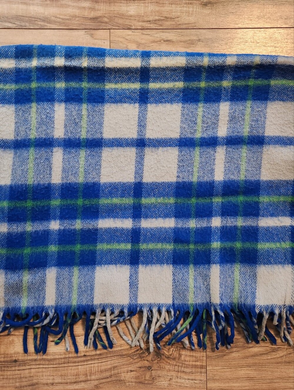 Vintage Faribo Blue Green Plaid Tassel Wool Throw Blanket